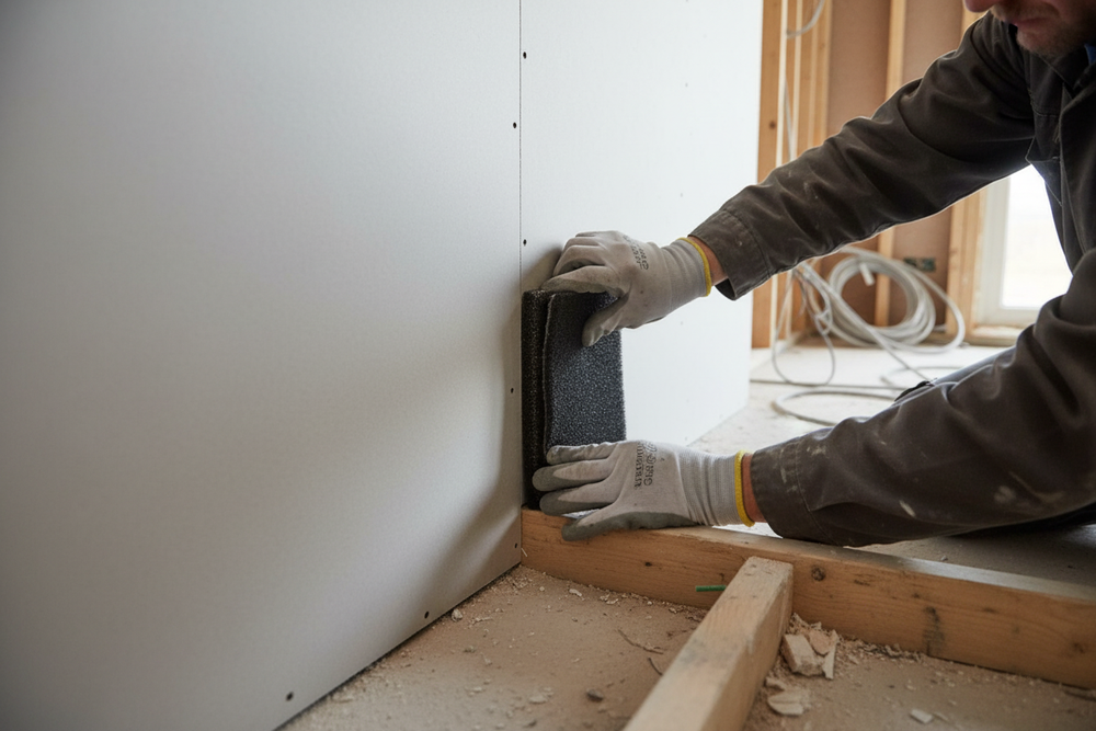 Worker installing Professional Multi-Purpose Acoustic Barrier with Lead for Sound Attenuation - 2000mm x 1200mm x 13mm, emphasizing soundproofing and noise reduction, on drywall, showcasing its flexibility and acoustic efficiency.