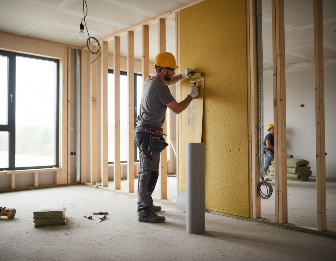 Tradesman installs High-Performance Acoustic Barrier Mat 1.20m x 4.0m, enhancing noise reduction; visible insulation application reflects Silentcloud's quality soundproofing solutions for effective sound insulation and vibration damping.