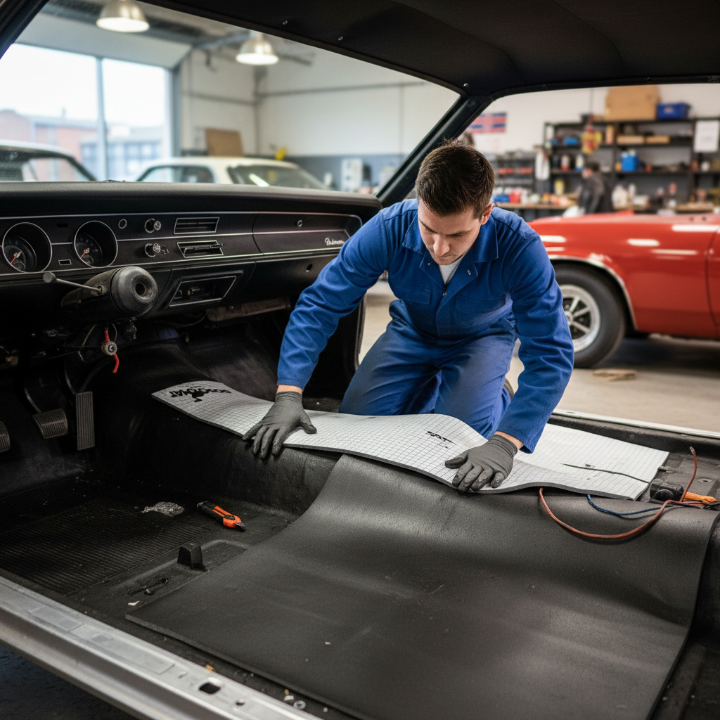 Technician applies Premium 5mm Self-Adhesive Foam Liner Roll for Vehicle Heat and Sound Insulation - 2.5 sq.m Coverage, smoothing over car's floor to enhance acoustic insulation and vibration damping.