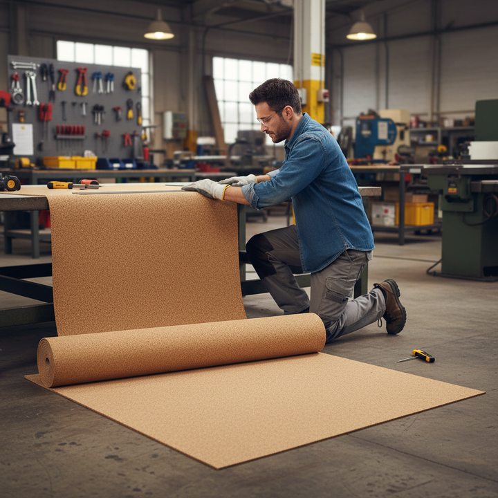 Man kneeling beside a heavy-duty workbench, unrolling Premium Fine Grain Large Cork Roll for Interior Walls - 10m x 1.22m, Various Thicknesses Available, ideal for soundproofing and acoustic insulation in workshops.