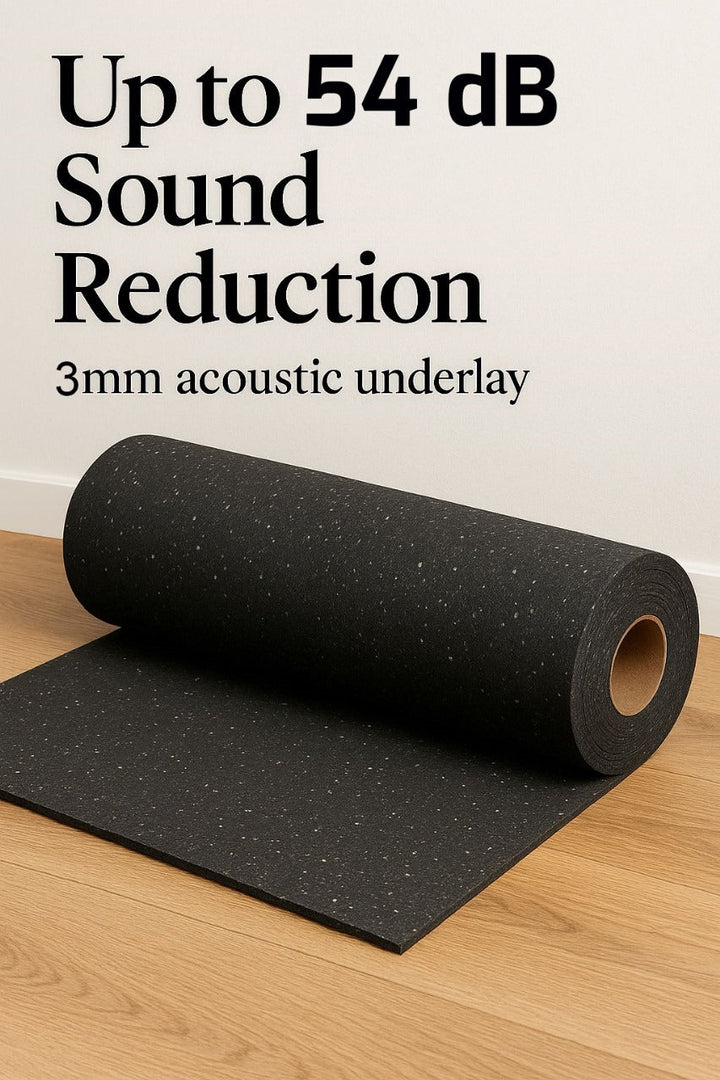 3mm Recycled Rubber Acoustic Underlay – Reduces Floor Noise by Up to 54 Silentcloud, Eco-Friendly. The image shows this soundproof underlay on a wooden floor, highlighting its acoustic insulation benefits.