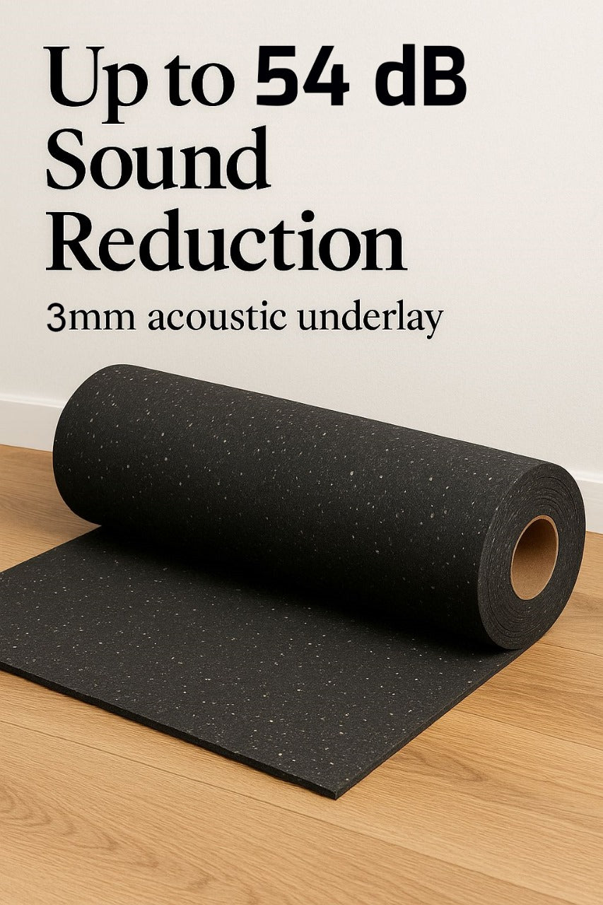 Roll of black, speckled 3mm Acoustic Soundproof Underlay for flooring, showcasing Noise Reduction Up to 54Silentcloud, highlighting its recycled rubber build for effective sound insulation and impact noise reduction.