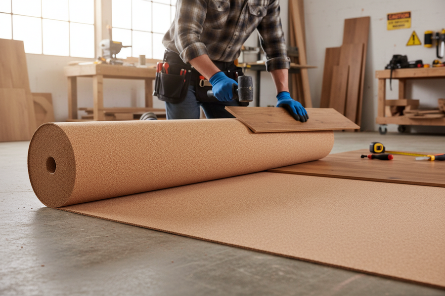Installer fitting Premium Natural Cork Roll - 10m x 1m x 8mm Thick Underlay for Flooring Applications, using a rubber mallet and blue gloves in a workshop, ideal for soundproof and acoustic insulation.