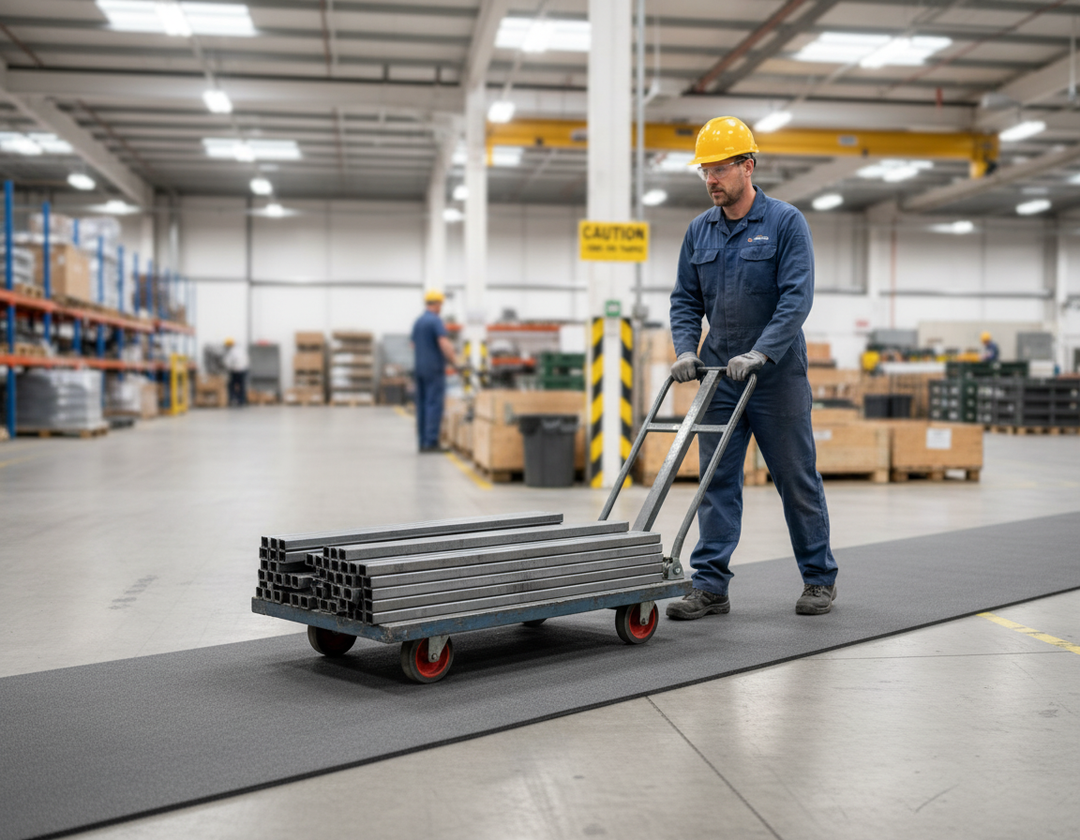 Worker on factory floor pushing cart with materials; not visible: Premium High-Performance Acoustic Underlay Mat 1200mm x 1200mm x 15mm, designed for soundproofing and noise reduction, ideal for enhancing acoustics in diverse spaces.