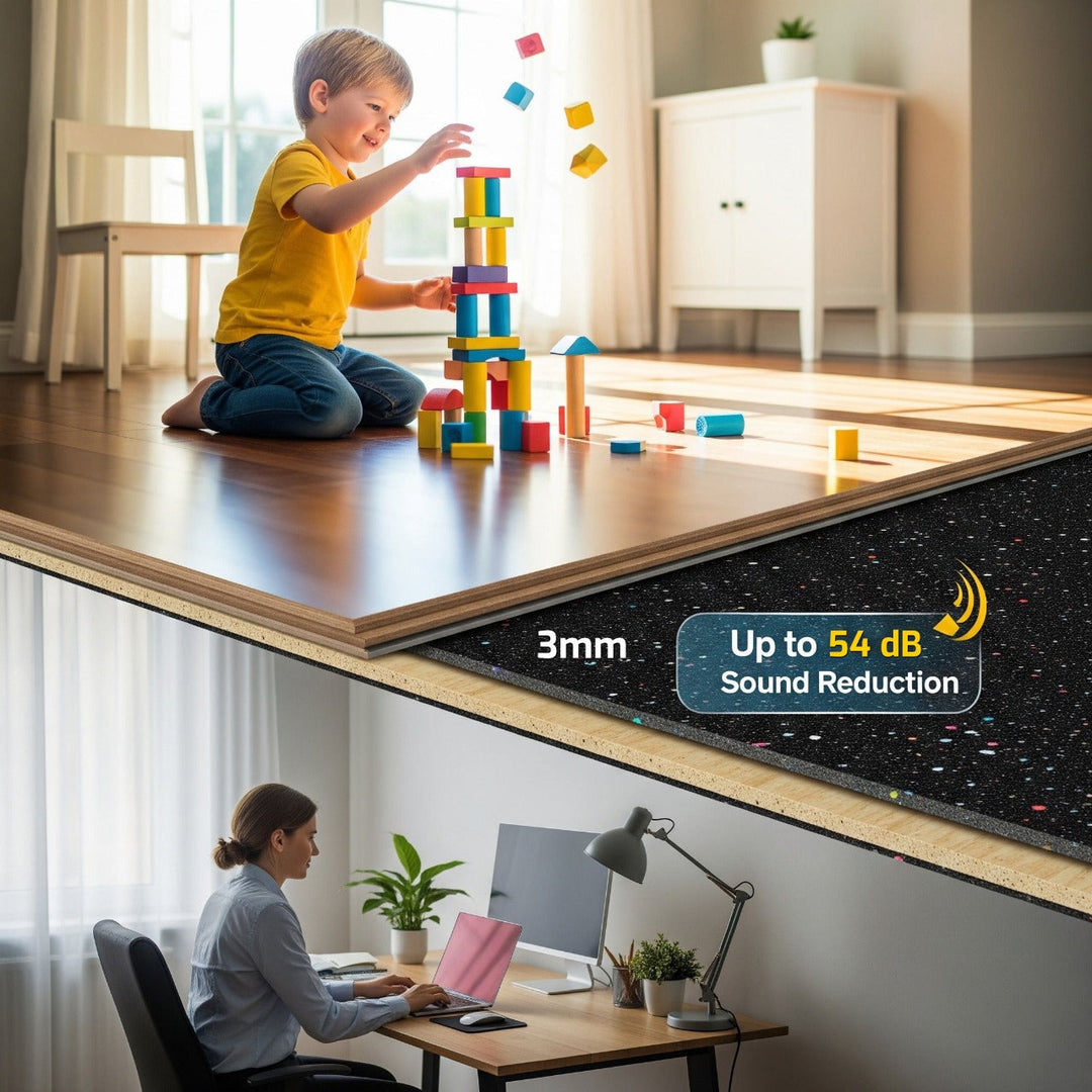 Child stacking colorful blocks on a wood floor with a cutaway showing a 3mm Acoustic Soundproof Underlay Linear Metre beneath, emphasizing noise reduction up to 54Silentcloud, promoting quiet downstairs workspaces.