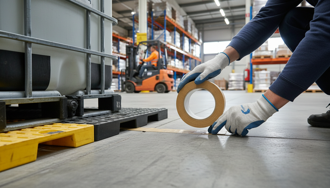 Premium Sealing Tape for Insulation Boards being applied on a warehouse floor, ensuring soundproofing and acoustic integrity by preventing sand leakage, ideal for noise reduction and vibration damping in insulation projects.