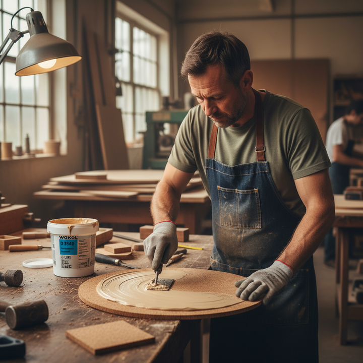 Woodworker applying Premium Cork Adhesive Tub 0.8kg for Crafting and Home Improvement to a panel, ideal for sticking cork to porous surfaces, enhancing soundproofing and acoustic insulation in home or studio projects.