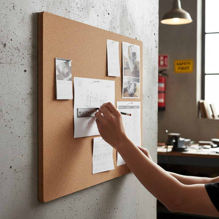 Premium Custom Size Rounded Edges MDF Backed Cork Pinboard - 9mm MDF with 10mm Cork Sheet for Home and Office Use, displayed in a workshop setting, emphasizes soundproofing and acoustic properties for noise reduction.