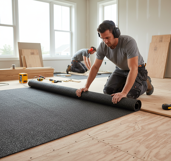 Two tradesmen install Premium 3mm Sound Insulation Matting for Impact Noise Reduction, 1m x 15m Dimensions, Eco-Friendly Material in a room, enhancing soundproofing and acoustic performance over plywood flooring.