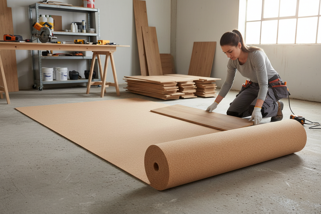 Woman installing wooden floor using Premium Natural Cork Underlay Roll - 1 Meter x 7 Meters Available in Various Thicknesses for Flooring, enhancing soundproofing and noise reduction in a workshop setting.
