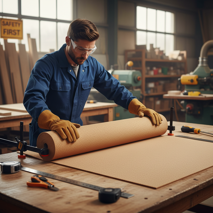 Man in blue coverall prepares Premium Fine Grain Large Cork Roll - 6 Metres x 1 Metre, 8mm Thick for Interior Walls, ideal for acoustic insulation and soundproofing, using bar clamps on workbench.