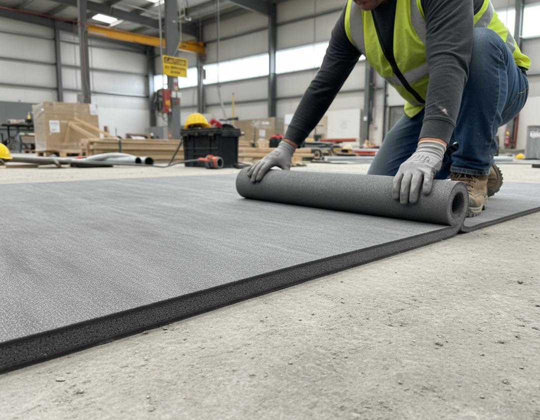 A worker installs the Premium High-Performance Acoustic Underlay Mat 1200mm x 1200mm x 15mm, ideal for soundproofing with superior noise reduction and sound insulation in industrial settings.