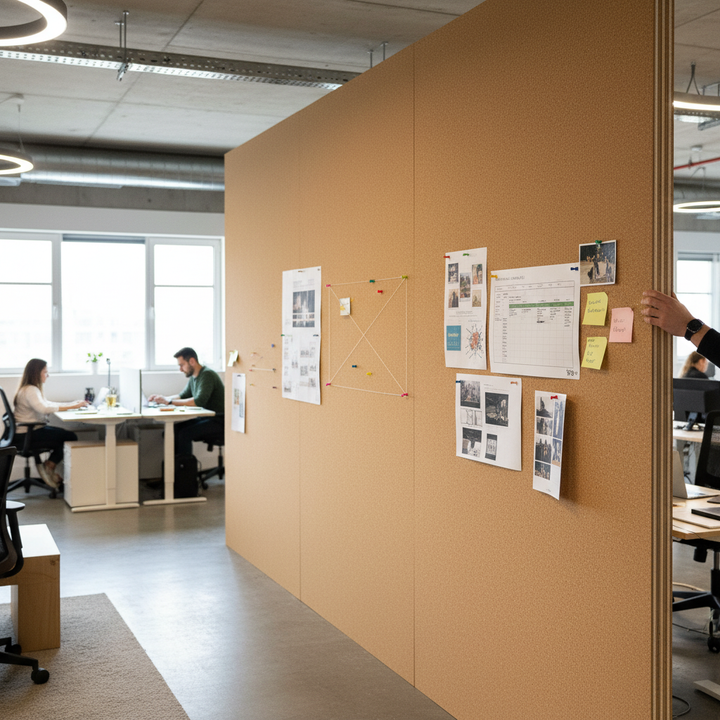 Cork Backed MDF Sheet 2400x950mm 9mm Total Thickness serves as a soundproof partition with pinned notes, offering acoustic insulation and noise reduction in a modern office setting.