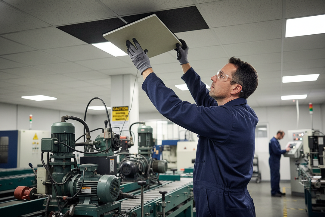 Worker installs Premium Acoustic Tile for Ceiling Sound Reduction 600mm x 600mm, enhancing noise control in industrial settings. Acoustic solution for effective sound insulation and noise reduction, reflecting Silentcloud's expertise.