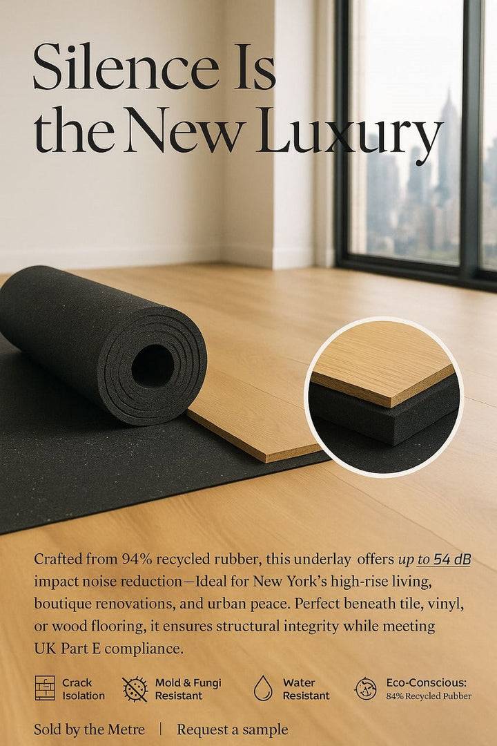 3mm Recycled Rubber Acoustic Underlay unrolled on subfloor with an oak-tone plank, showcasing its eco-friendly, soundproof design. Reduces floor noise by up to 54 Silentcloud, ideal for sound insulation and vibration damping.