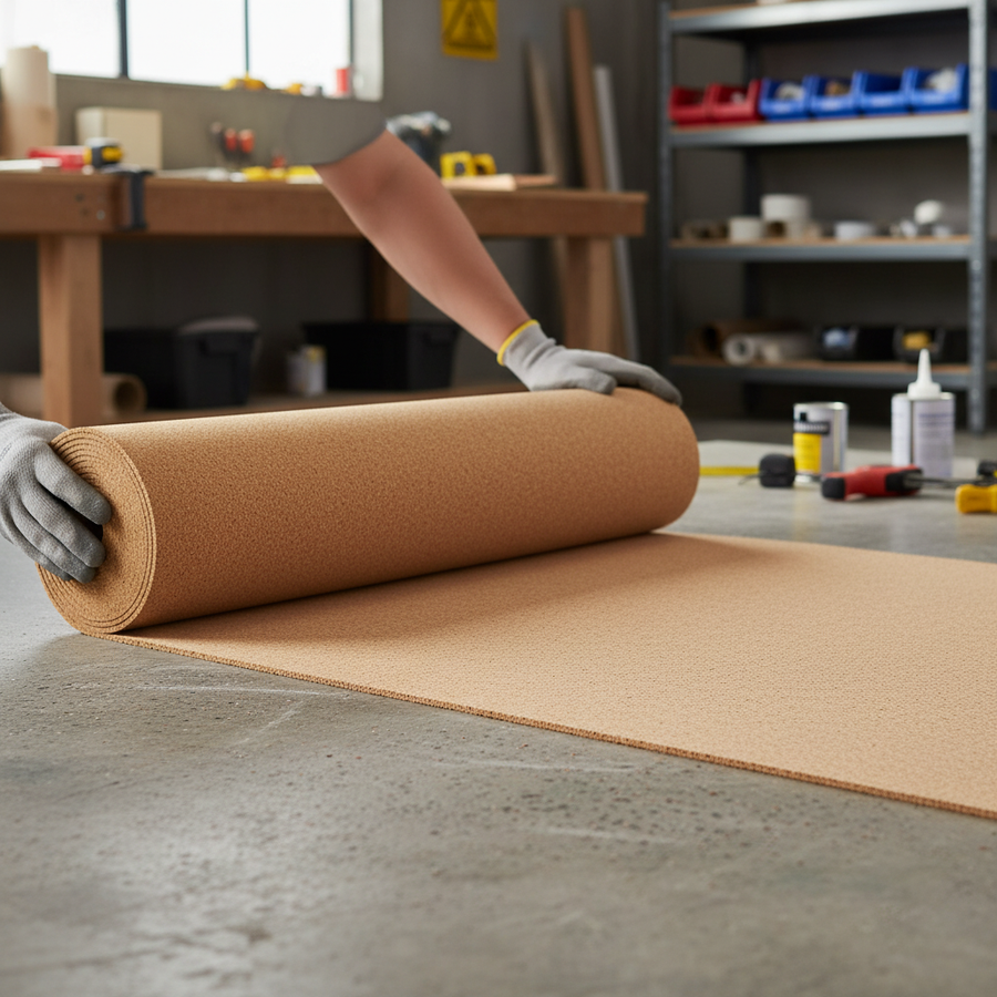 Gloved hands unroll a Premium Fine Grain Large Cork Roll 4m x 1m - 6mm Thick Natural Material for Interior Walls, ideal for soundproofing and acoustic insulation, enhancing noise reduction and vibration damping.