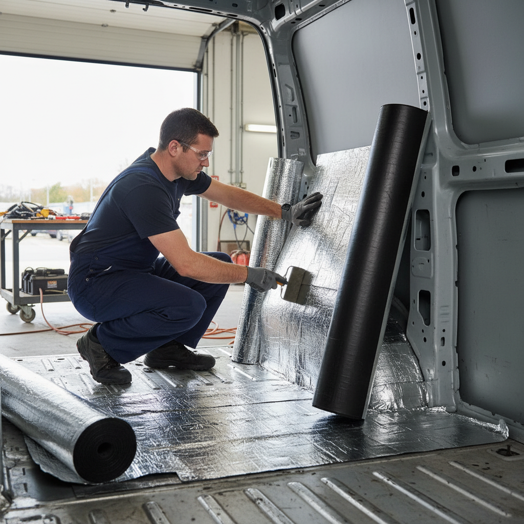 Tradesperson applying Premium Heavy Duty Sound Deadening and Insulation Kit for Large Vans, using soundproof mats and thermal liner for noise reduction and vibration damping inside a van shell.