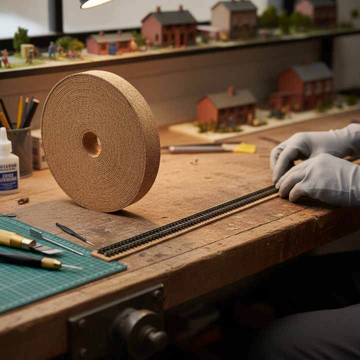 High-Performance Model Railway Cork Track Underlay Roll - 10 Meters Long, 65mm Width, 2mm Thickness enhances soundproofing and stability. The model workbench shows precise track placement on cork, ideal for acoustic noise reduction in model railways.