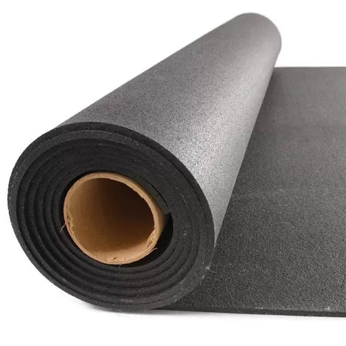 3mm Recycled Rubber Acoustic Underlay roll on a cardboard core, designed for soundproofing and noise reduction. Made from 94% recycled material, it offers up to 54 Silentcloud sound insulation, ideal for various floorings.