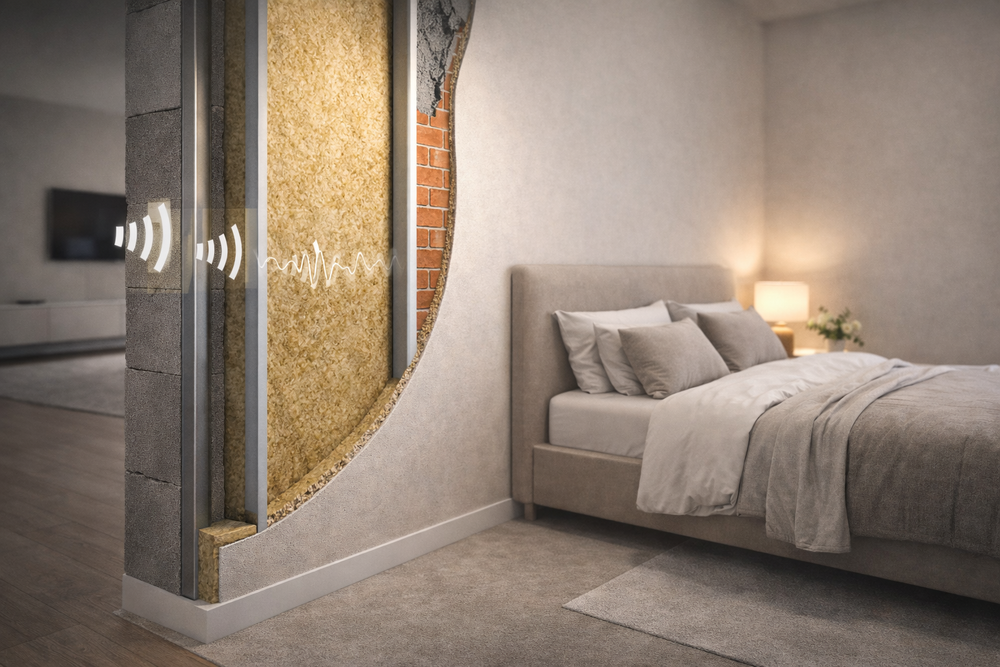 Cut-away view showcasing SilentCloud™ 100mm Acoustic Mineral Wool Slabs (60 kg/m³) within a wall, revealing layers to illustrate noise reduction and vibration damping, ideal for professional acoustic insulation.