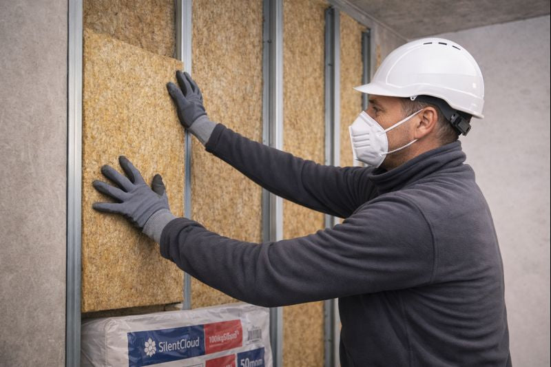 Installer fits SilentCloud™ 100mm Acoustic Mineral Wool Slabs (60 kg/m³) into a metal-stud wall cavity, demonstrating high-density sound insulation and noise reduction. He wears safety gear while installing the panels for effective soundproofing.