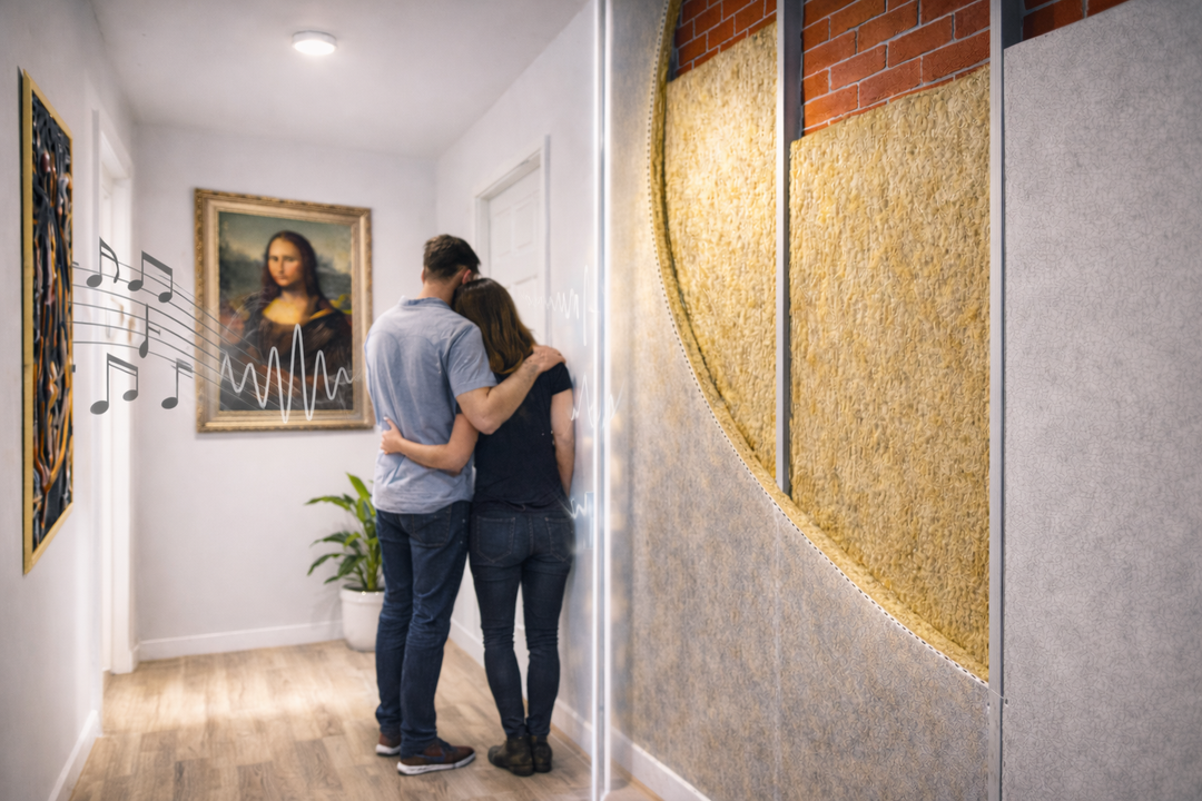 Young couple stands in hallway with exposed wall revealing SilentCloud™ 100mm Acoustic Mineral Wool Slabs (60 kg/m³) installed between timber studs, demonstrating high-performance sound absorption and acoustic insulation for walls.