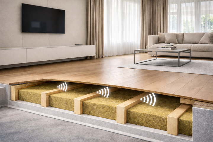 SilentCloud™ 75mm Acoustic Mineral Wool Slabs (60 kg/m³) installed in a living room floor cutaway. The cross-section shows high-density insulation absorbing noise, with sound-wave icons representing reduced transmission.