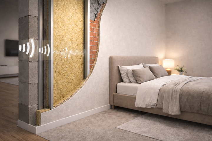 Cut-away bedroom wall shows SilentCloud™ 100mm Acoustic Mineral Wool Slabs (60 kg/m³) installed between stud and masonry layers, with sound-wave icons illustrating noise reduction and acoustic performance.