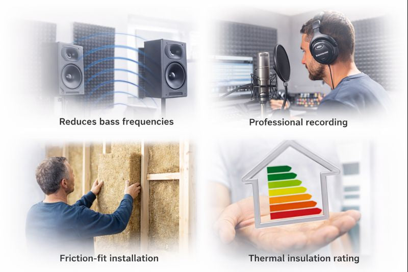SilentCloud™ 75mm Acoustic Mineral Wool Slabs (60 kg/m³) highlighted in a 2×2 collage, illustrating bass-frequency reduction, professional recording quality, friction-fit installation, and thermal insulation.