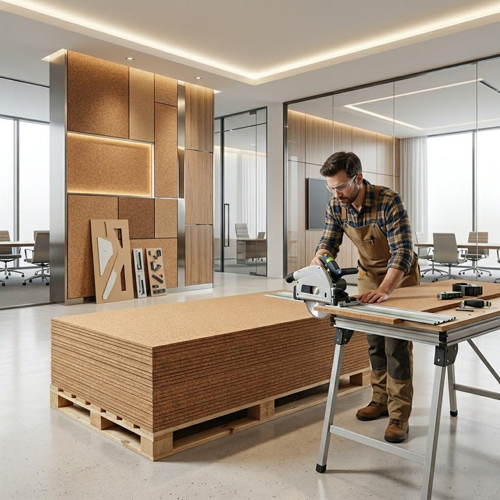 Craftsman cutting Cork Backed MDF Sheet 2400x950mm 9mm Total Thickness, ideal for soundproofing and acoustic wall cladding, using a track saw in a modern office setting.