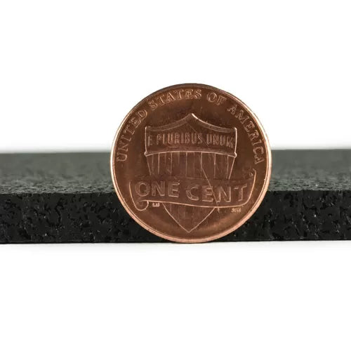 3mm Acoustic Soundproof Underlay Linear Metre – Rubber Sheet for Flooring & Impact Noise Insulation - Noise Reduction Up to 54Silentcloud shown with reverse penny for scale, highlighting durable, recycled rubber texture.