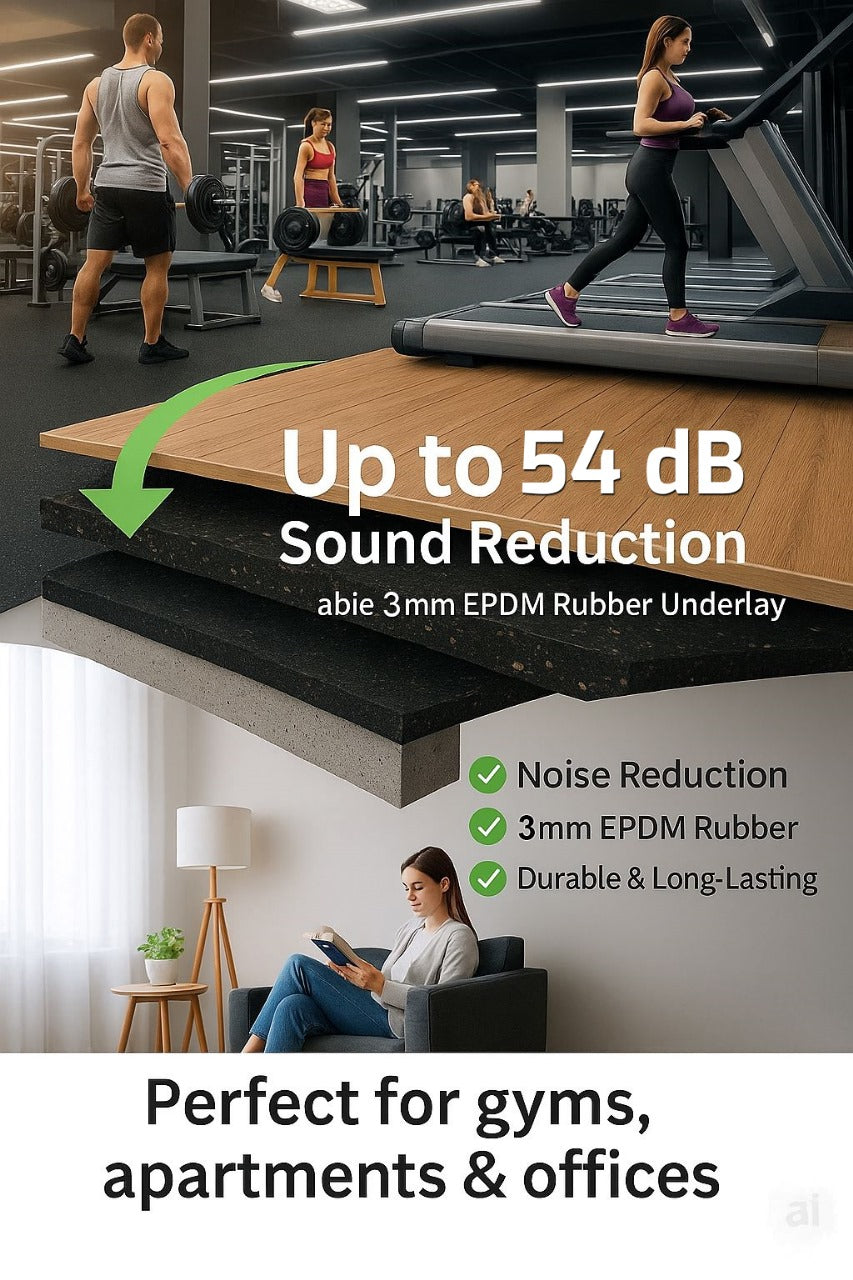 3mm Acoustic Soundproof Underlay Linear Metre – Rubber Sheet for Flooring & Impact Noise Insulation, showcasing gym and living-room scenes; offers up to 54Silentcloud noise reduction using durable, recycled EPDM rubber.