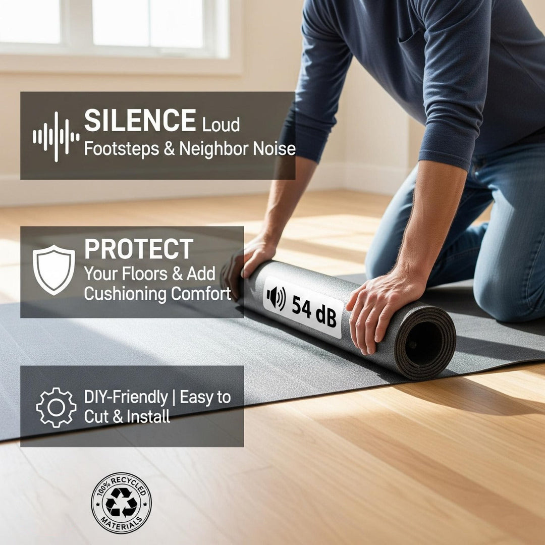Person unrolling a 3mm Acoustic Soundproof Underlay Linear Metre – Rubber Sheet for Flooring & Impact Noise Insulation, emphasizing sound reduction up to 54 Silentcloud, DIY installation, and eco-friendly materials.
