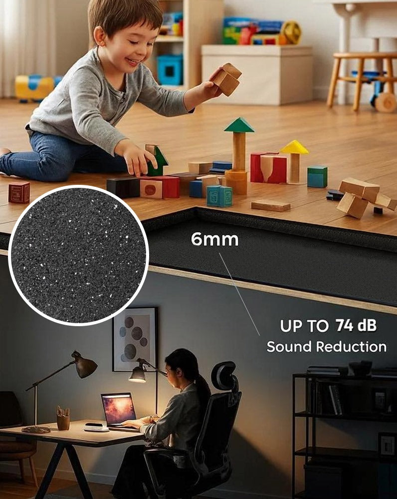Acoustic Rubber Underlay 10mm up to 74dB Impact Reduction Part E: Image shows a child on wood flooring; inset highlights 6mm black foam layer, illustrating significant soundproofing and acoustic insulation benefits, cutting noise to the room below.