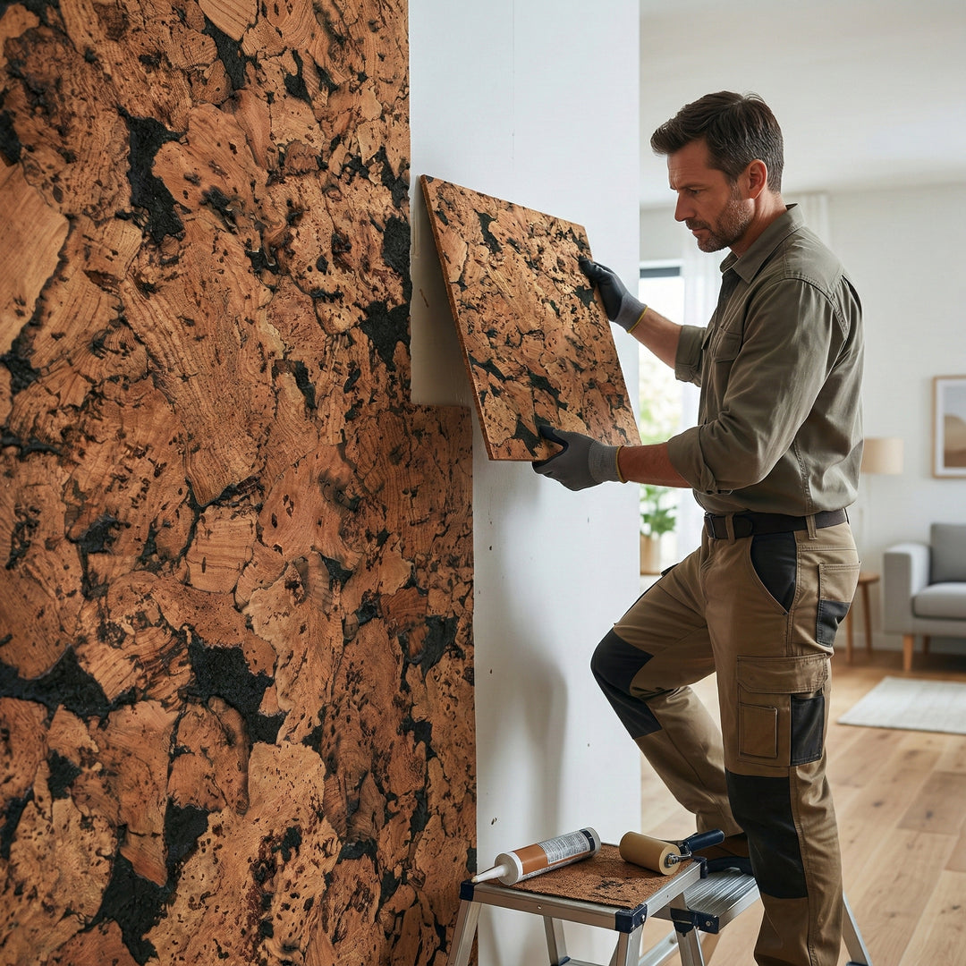 Man installing Black Patterned Cork Wall Tiles – Decorative Acoustic Panels, 600x300mm, 3mm thick, enhancing soundproofing and thermal insulation with natural cork in a living space; adhesive and roller visible.