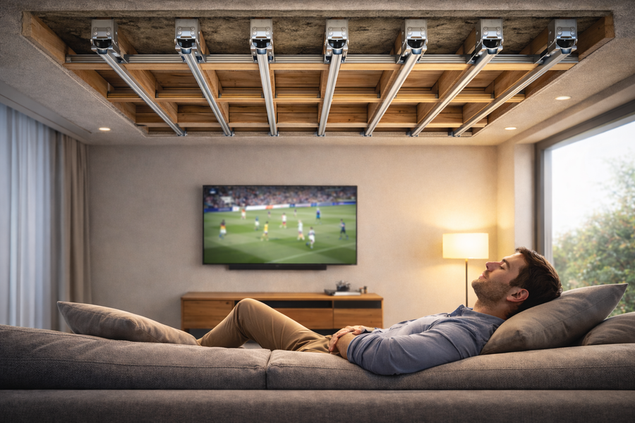 A young man rests on a sofa beneath an exposed ceiling, highlighting the use of Resilient Sound Isolation Clips for superior soundproofing and noise reduction in home acoustic insulation.