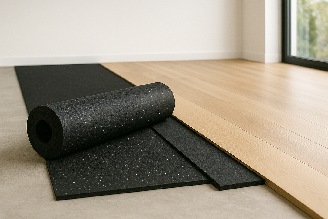 Acoustic Rubber Underlay 10mm up to 74dB Impact Reduction Part E shown partially unrolled on a sub-floor, with adjacent light oak wood planks, illustrating its soundproofing and noise reduction capabilities.