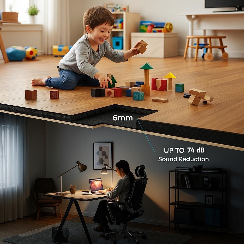 Acoustic Rubber Underlay 6mm up to 74dB Impact Reduction Part E, illustrating soundproofing with a child playing above and a person working below, highlighting its noise reduction and sound insulation effectiveness.
