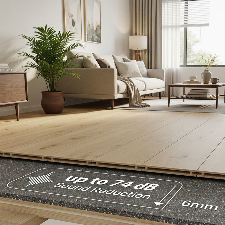 Acoustic Rubber Underlay 10mm up to 74dB Impact Reduction Part E showcased in a cutaway view, highlighting its high soundproofing performance beneath wood-grain planks, ideal for effective noise reduction and sound insulation.