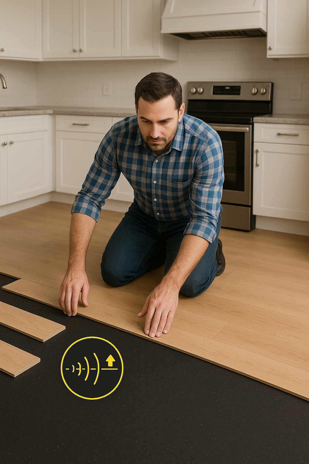 Man kneels in remodeled kitchen installing Acoustic Rubber Underlay 10mm up to 74dB Impact Reduction Part E, demonstrating soundproof flooring with recycled rubber for superior noise reduction and sound insulation.