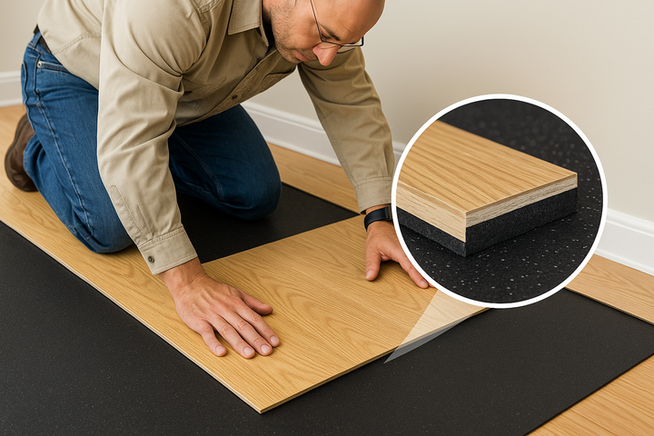 Person installing wooden flooring over SilentCloud FFR acoustic underlay with circular inset showing cross-section of wood plank and rubber layers