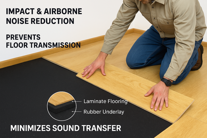 Person installing 3mm Acoustic Soundproof Underlay Linear Metre – Rubber Sheet for Flooring & Impact Noise Insulation, showcasing noise reduction up to 54Silentcloud with laminate flooring over a black rubber underlay for effective soundproofing.