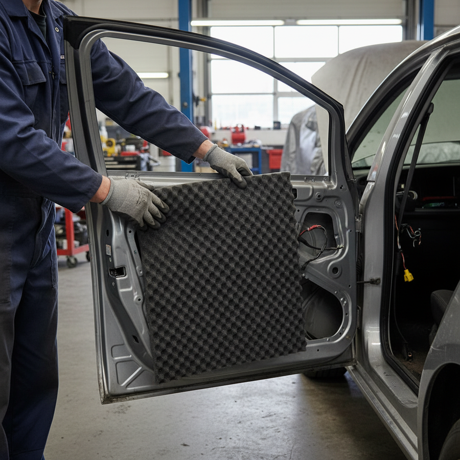 Technician installs Premium 15mm Sound Absorber Sheet, a high-performance polyurethane foam, inside a car door, showcasing superior noise reduction, soundproofing, and acoustic insulation with its egg-crate design at Sound Deadening UK.