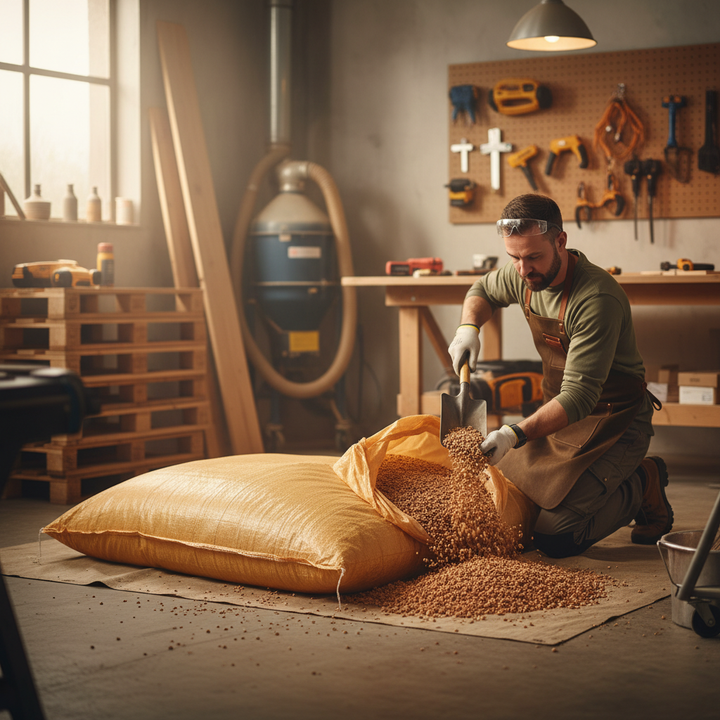 Tradesman prepares Premium 30kg Bulk Bag of High-Quality Cork Granules - 5-15mm Size with 100-120kg/m³ Density, ideal for soundproofing and acoustic applications, in a workshop setting.
