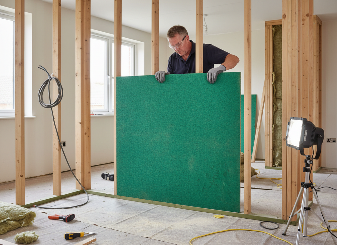 Tradesman fitting a large green board into a stud partition, illustrating the Premium Acoustic Chipboard Panel 32mm Thickness for Noise Reduction - 2.4m x 0.6m Sheet Dimensions, ideal for soundproofing and acoustic insulation.