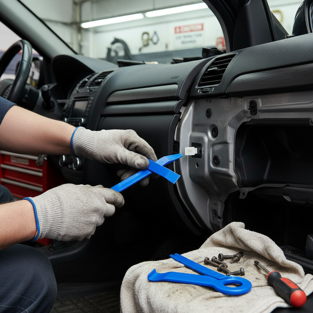 Close-up of gloved hands using the Premium 5 Piece Trim Removal Tool Set for Upholstery, Clips, and Mouldings, showcasing its strong, non-damaging design ideal for soundproofing and noise reduction tasks.