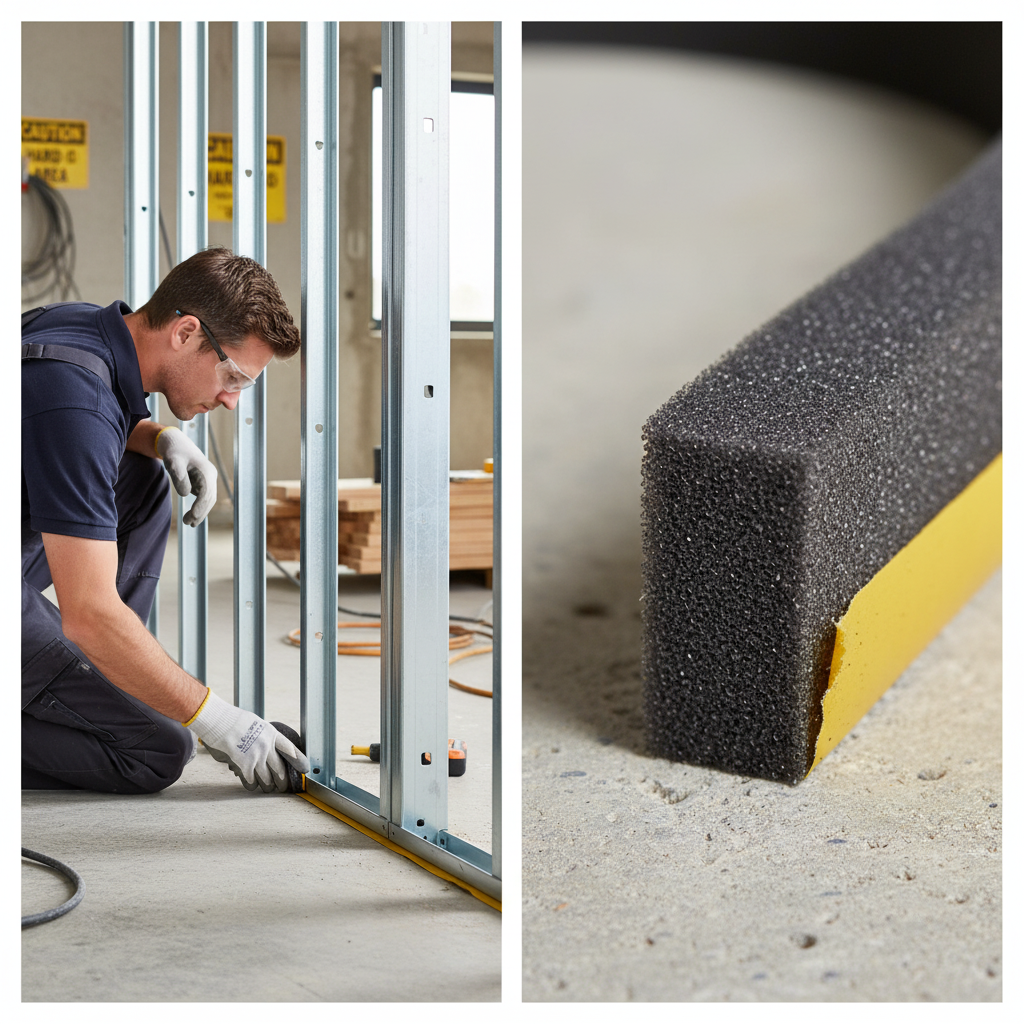Professional Self-Adhesive Perimeter Strip - 10m x 25mm x 5mm for Acoustic Isolation Under Carpet Gripper Rods applied on a construction site, showcasing soundproof and noise reduction capabilities with adhesive backing.