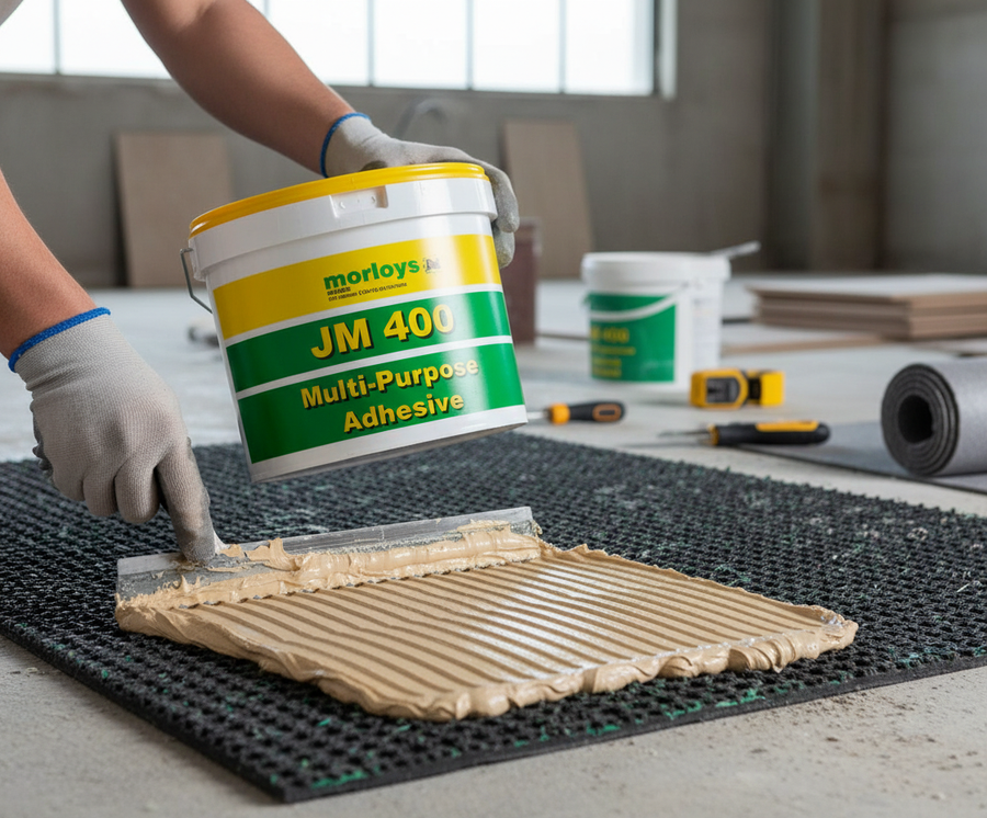 Worker applying Premium High-Performance Tilemat Adhesive 5kg - Solvent-Free, Fast Grab for Vinyl, Rubber, Carpet, using notched trowel on underlay, ideal for soundproofing and acoustic insulation, from Silentcloud.
