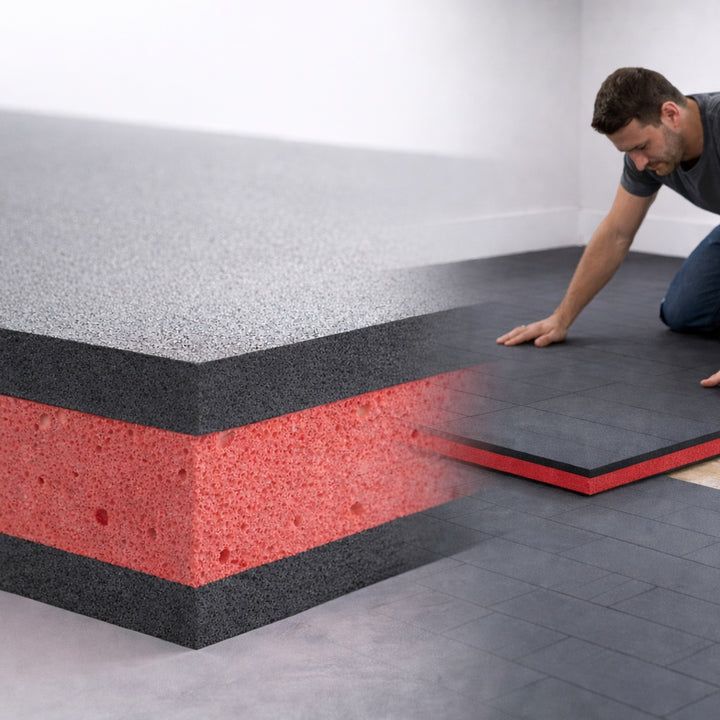 SilentMat 15mm Acoustic Noise Reduction Mat installation showing a cut-away view of its three-layer foam structure, highlighting its soundproof and vibration damping capabilities, ideal for acoustic noise reduction in various flooring applications.