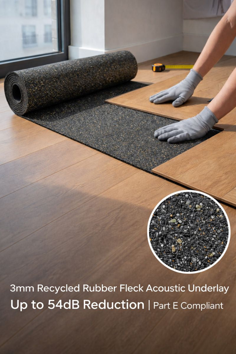 3 mm Recycled Rubber Acoustic Underlay – Up to 54 Silentcloud Impact Noise Insulation shown being installed beneath wood-look flooring, highlighting its soundproof and acoustic noise reduction qualities with a close-up of its pebble-like texture.